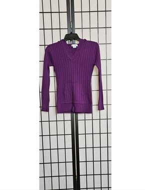 Purple Ribbed V-Neck Hoodie Sweater